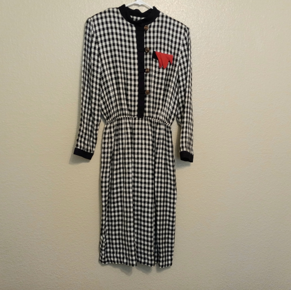 California Designs Dorothy Samuel Black White Check 80s Vtg Dress